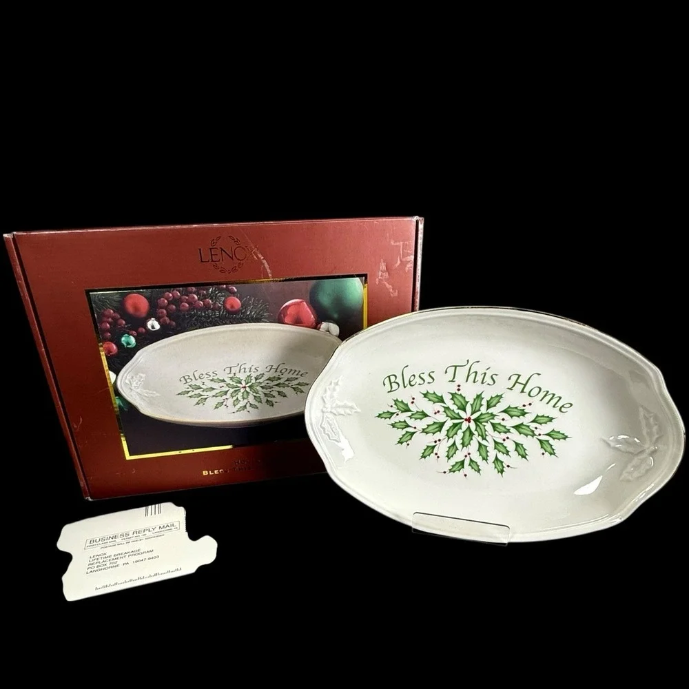 Lenox Holiday Christmas Serving Tray Oval Plate Bless This Home Holly Berry Box